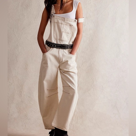 Free People We The Free Good Luck Barrel Overalls Sand Castle Size Large Boho - Picture 1 of 6